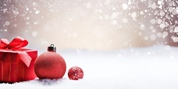 Red christmas balls and gift box on snow with bokeh background Generative AI