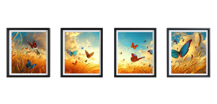 Four thin black frames with continuous paint of butterflies over white transparent background
