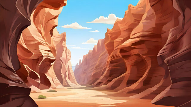 Natural scenery of a canyon with a path through it at summer. Nature background. Cartoon or anime illustration style.