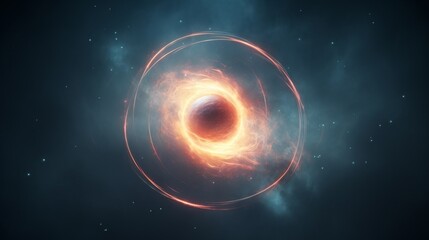 Stunning illustration of a cosmic black hole surrounded by fiery rings of energy against a starry background.