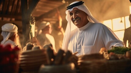 Elderly Emirati man in traditional attire enjoys a bustling marketplace.