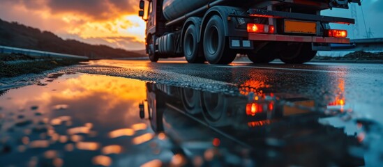 Reflective road surface with truck carrying gasoline.