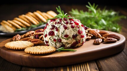 Camembert cheese with cranberries, nuts and rosemary on wooden background Generative AI