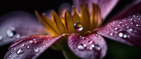 A high-resolution macro photograph of a raindrop suspended on the edge of a delicate petal showcasing the gravitational pull and the surface tension of the water