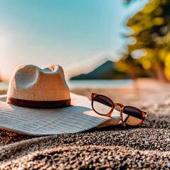 Fototapeta na wymiar Summer background, concept beach vacation, sunny sand beach with summer cap, sunglass and towel, summer beach background
