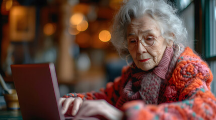 Elderly woman using laptop in a cozy room, showcasing technology use across generations.