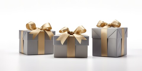 Three gray gift boxes and a gold ribbon on white background, birthday