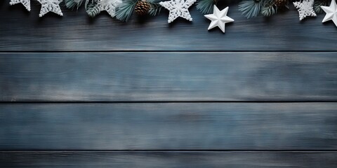 Christmas background with fir branches and snowflakes on wooden planks Generative AI