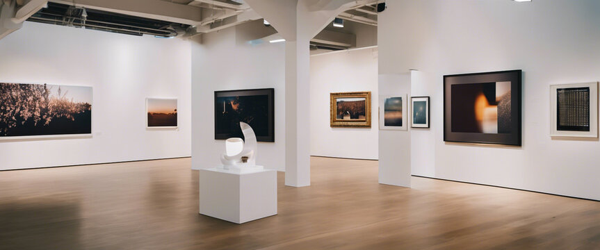 Create a visually striking photograph of a single, well-placed piece of contemporary art against a white gallery wall, highlighting the power of simplicity and whitespace in art display.