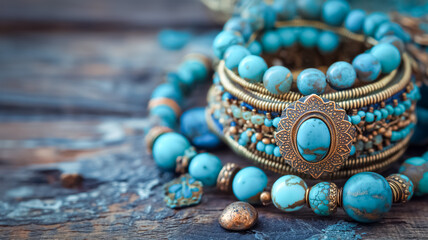 Various pieces of jewelry that are rich in turquoise stones and gold elements