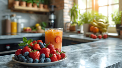 Fresh berries on a plate with a glass of juice on a kitchen counter, healthy eating concept.