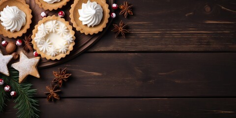 Christmas cookies on a dark wooden background. Top view with copy space. Generative AI