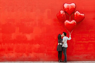 A couple in love stands with heart-shaped balloons against a red wall and hugs and kisses. Valentine's Day!