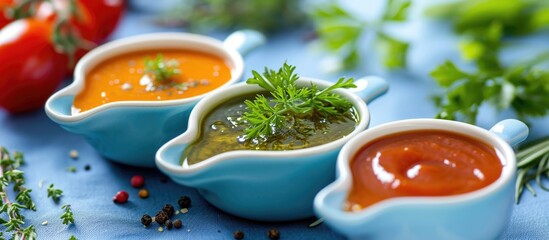 Colorful homemade sauces in a light blue ceramic gravy boat on a blue tablecloth.