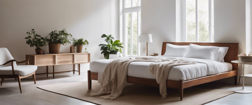 An image of a minimalist bedroom with a bed dressed in crisp white linens, minimal furniture, and soft natural light, creating a serene atmosphere through the strategic use of whitespace.