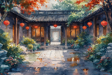 Chinese courtyard drinking illustration watercolor green plants Magnolia have prospects and prospects - obrazy, fototapety, plakaty