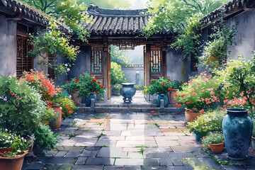 Fototapeta na wymiar Chinese courtyard drinking illustration watercolor green plants Magnolia have prospects and prospects