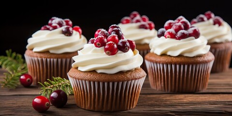 Cupcakes with cranberries and whipped cream on dark wooden background Generative AI