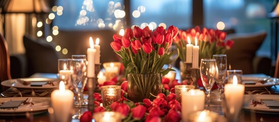 Romantic Valentine's Day setting for couples with candles, tulips, and a surprise proposal spot.