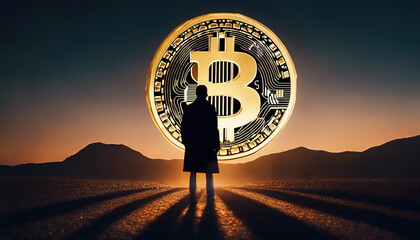 In a dimly lit cinematic scene, capture the silhouette of a figure standing in front of an oversized, glowing dollar sign suspended in mid-air. The surreal atmosphere conveys the impact of financial