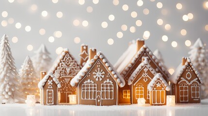 Christmas gingerbread houses in snow and bokeh lights on background Generative AI