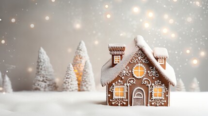 Gingerbread house in the snow. Christmas and New Year background. Generative AI