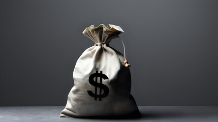 Money bag on gray background. - obrazy, fototapety, plakaty