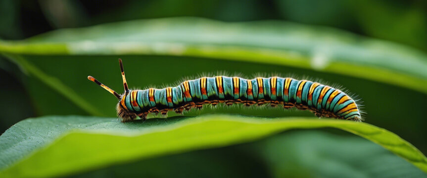 A captivating close-up image of a caterpillar munching on a leaf, highlighting the vibrant colors and unique patterns on both the caterpillar and the foliage