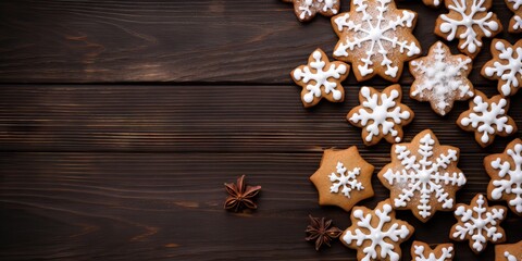 Christmas gingerbread cookies on wooden background. Top view with copy space Generative AI