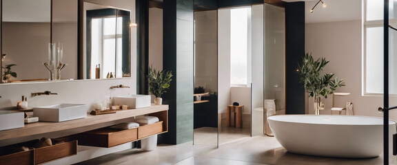 A composition of a modern bathroom with clean lines, a simple color palette, and carefully selected accessories, showcasing the elegance and calmness achieved through minimalistic design.