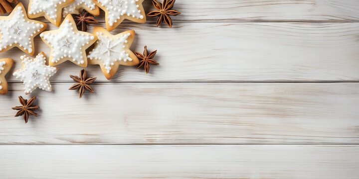 Christmas gingerbread cookies and star anise on wooden background with copy space Generative AI