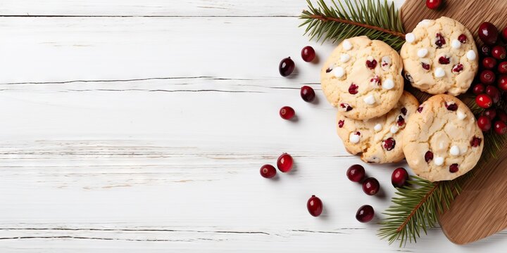 Cookies with cranberries and fir branches on a white wooden background Generative AI