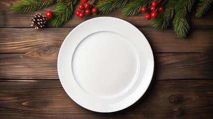 Christmas table setting with white plate and pine branches on wooden background. Top view Generative AI