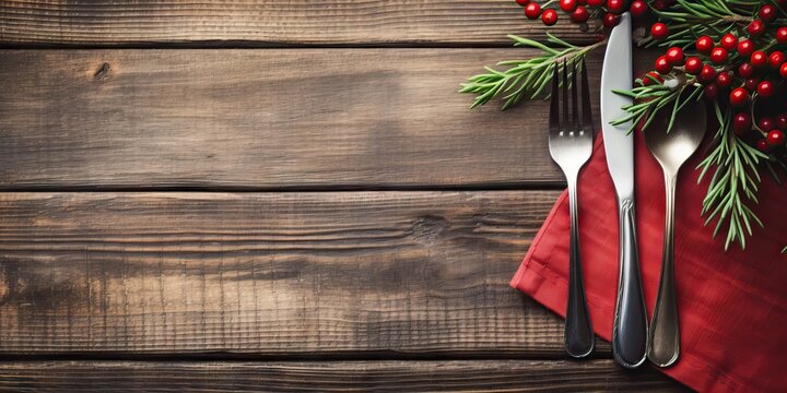 Christmas table place setting. Fork, knife and napkin on wooden background. Top view with copy space Generative AI