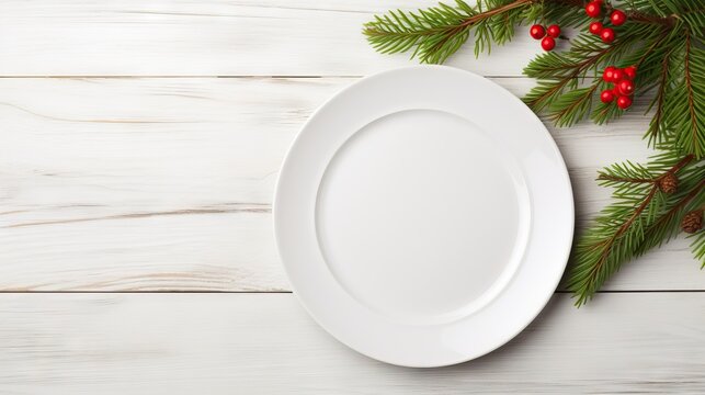 Christmas table setting with fir tree branches and white plate on white wooden background. Top view with copy space. Generative AI