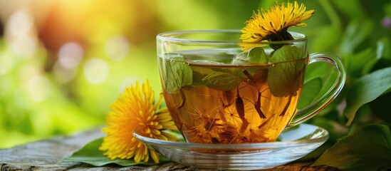 A cup of tea with dandelion roots and leaves in a glass.