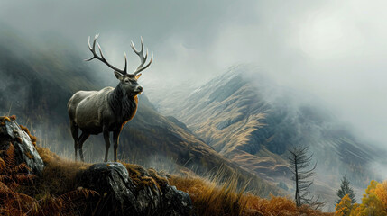 Majestic Stag Overlooking Misty Highland Landscape.A regal stag stands atop a rocky outcrop, surveying the misty, autumn-hued highland landscape stretching into the distance.