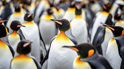 King Penguin Standing Out in the Crowd.A single king penguin stands prominently among a blurred gathering of its colony, showcasing its vivid orange and yellow plumage.