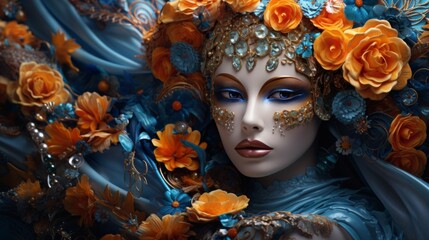 A mysterious woman in a Venetian mask surrounded by intricate floral decorations and jewels.