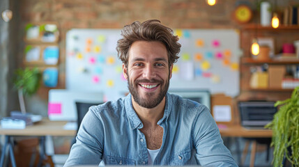 Obraz premium Cheerful young entrepreneur with a warm smile working on his laptop in a casual, creative office space with colorful sticky notes in the background.