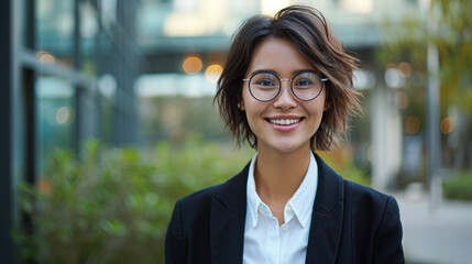 Corporate Leader Posing Confidently Outdoors.A poised female executive stands confidently with arms crossed, wearing a black suit and glasses outside a modern office building.