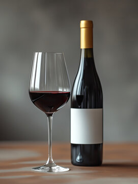 A glass of red wine with a bottle. Blank wine bottle label template