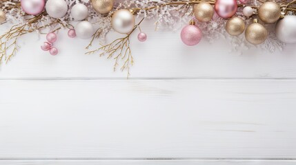 Christmas background with golden and pink baubles on white wooden board Generative AI