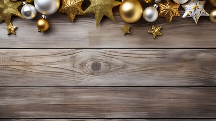 Christmas background with golden and silver decorations on rustic wooden planks Generative AI