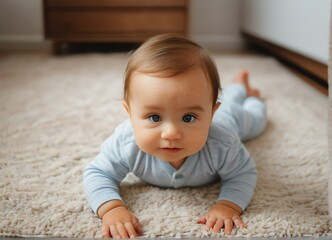 Fototapeta premium baby boy laying on carpet from Generative AI