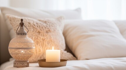 Fototapeta na wymiar Warm and inviting bedroom scene with a decorative lantern and a lit candle on a soft bedspread.
