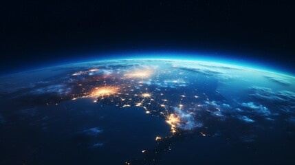 Stunning view of the Earth from space at night, showcasing the illuminated continents and city lights.