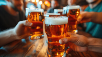 Group of people drinking beer at brewery pub restaurant - Happy friends enjoying happy hour sitting at bar table - Close Up image of brew glasses - Food and beverage lifestyle concept.