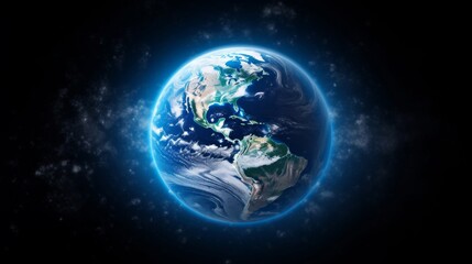 Planet Earth with bright blue oceans viewed from space, highlighting continents and clouds.