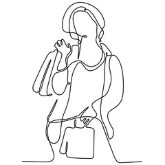 Single one line drawing happy woman with glasses and bags shopping on black friday. Black Friday concept. Continuous line draw design graphic vector illustration.